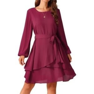 Seta.T Long Sleeve Tiered Ruffle‎ Dress Tie Waist Burgundy Mini Dress NWT
